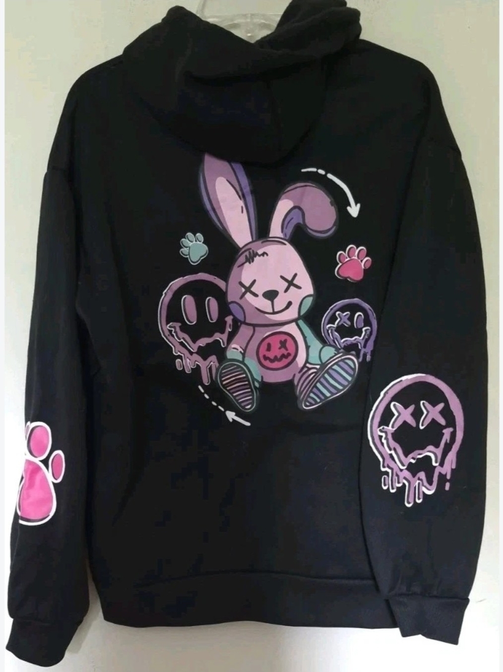 Black Hoodie with Pastel Bunny Graphic